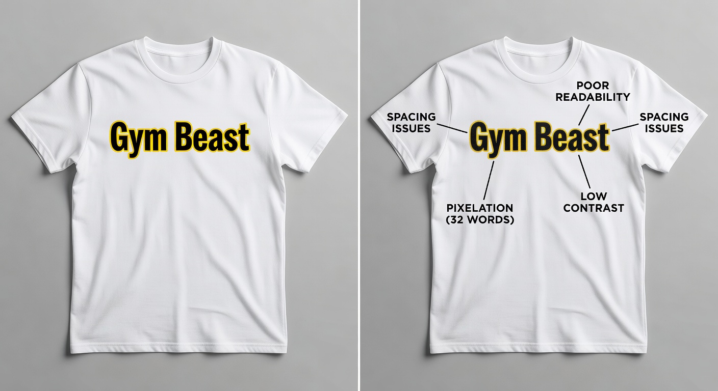 Side-by-side comparison of high-quality vs low-quality fitness enthusiast tee designs; left: crisp 'Gym Beast' text with balanced spacing, high contrast black/yellow on white tee mockup; right: blurry crowded version with poor readability callouts for spacing issues, low contrast, and pixelation (32 words)