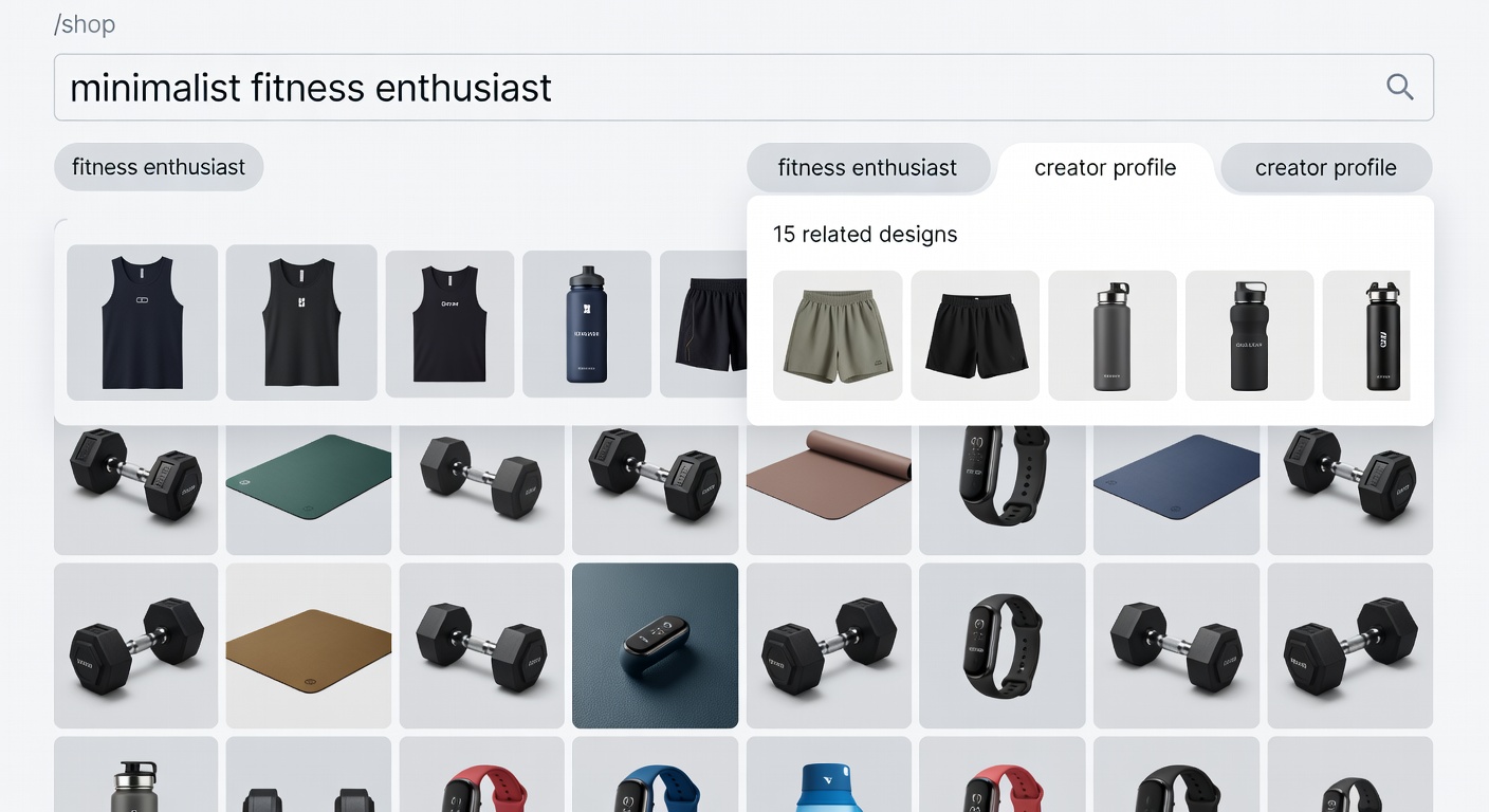 Screenshot-style mockup of marketplace interface on /shop page; shows fitness enthusiast filter applied, search bar with 'minimalist fitness enthusiast' formula, creator profile tab open revealing 15 related designs, and product grid with quality thumbnails (28 words)