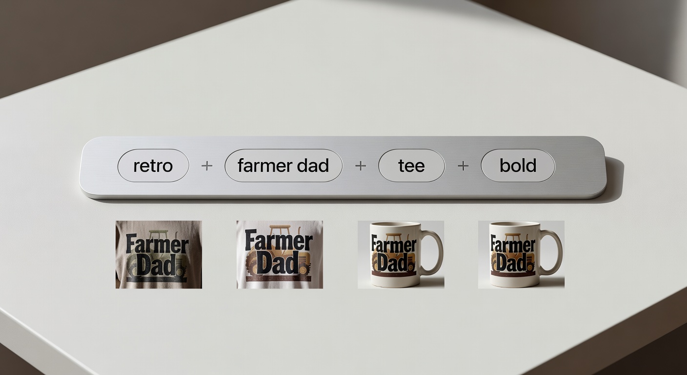 Visual breakdown of a search formula bar showing components like 'retro' (style) + 'farmer dad' (niche) + 'tee' (product) + 'bold' (mood), with 4 example combinations yielding thumbnail previews of farmer designs on tees and mugs