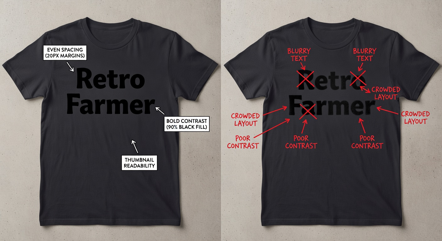 Side-by-side comparison of high-quality vs low-quality farmer tee designs: left shows crisp 'Retro Farmer' with labeled callouts for even spacing (20px margins), bold contrast (90% black fill), thumbnail readability; right shows blurry crowded version with red X marks on issues