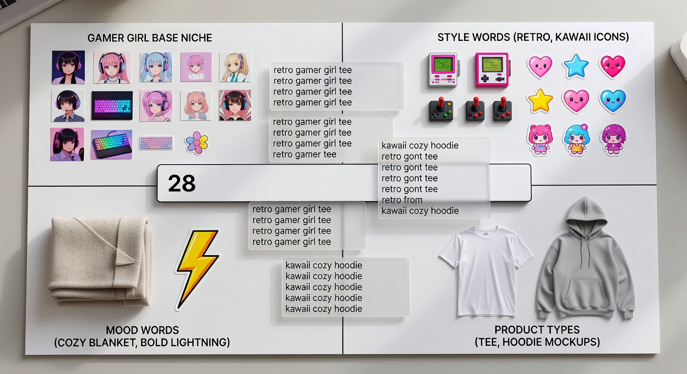Visual breakdown of search formula components showing four quadrants—'gamer girl' base niche, style words (retro, kawaii icons), mood words (cozy blanket, bold lightning), product types (tee, hoodie mockups)—with five example combinations overlaid on a search bar interface mockup (28 words)