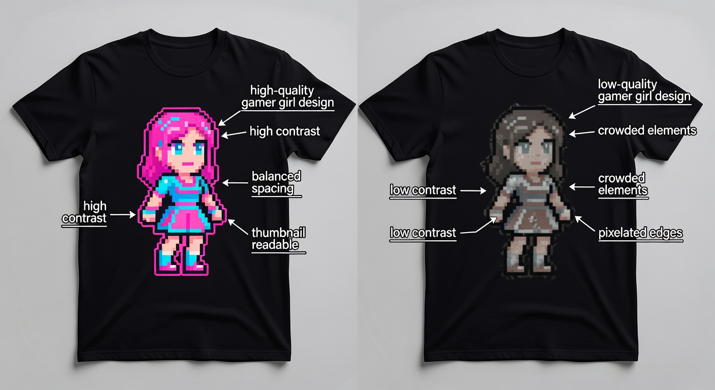 Side-by-side comparison of high-quality vs low-quality gamer girl designs on tee mockups—left: crisp retro pixel art with labeled callouts for 'high contrast', 'balanced spacing', 'thumbnail readable'; right: blurry sarcastic text with callouts for 'crowded elements', 'low contrast', 'pixelated edges' (42 words)