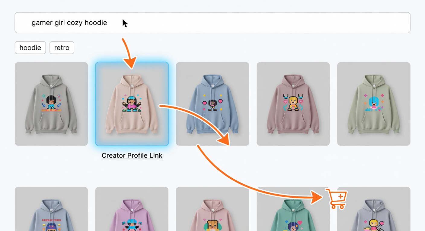 Screenshot-style mockup of marketplace interface workflow—search bar with 'gamer girl cozy hoodie' entered, filters applied (hoodie, retro), results grid showing creator profile link highlighted, and cart path indicated with arrows (32 words)