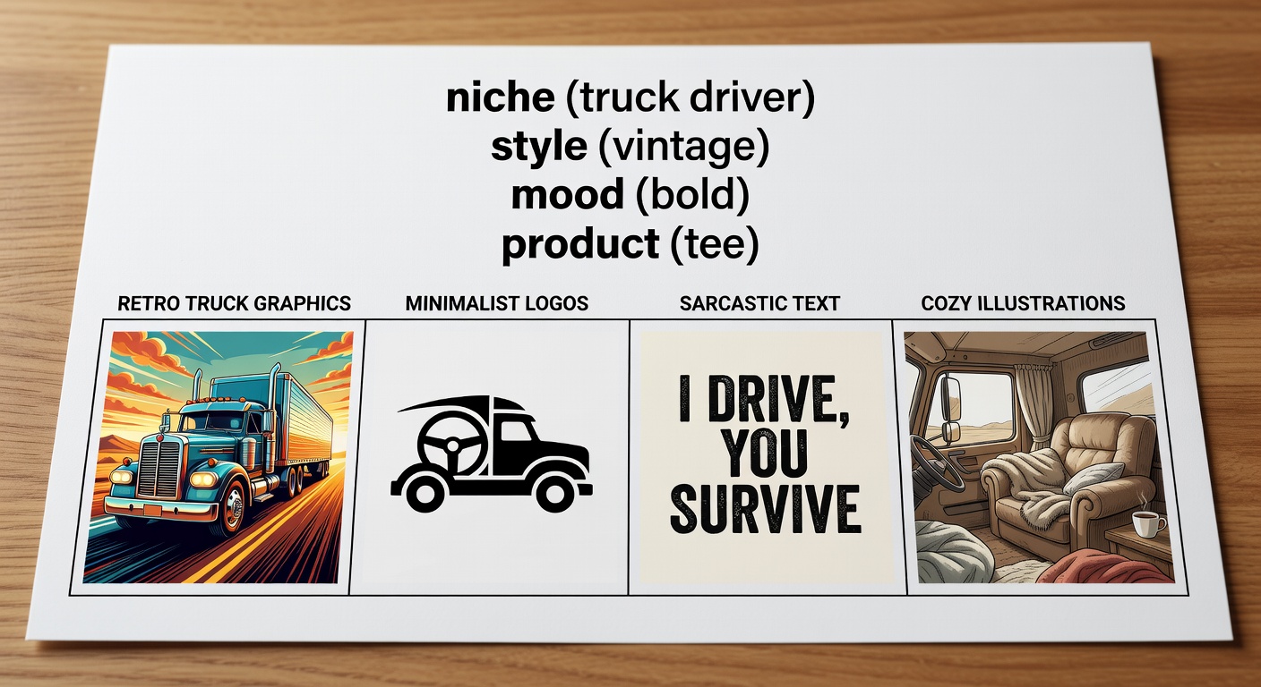 Visual breakdown of a search formula for truck driver designs, showing components like 'niche (truck driver)' + 'style (vintage)' + 'mood (bold)' + 'product (tee)' with 4 example combinations yielding thumbnail previews of retro truck graphics, minimalist logos, sarcastic text, and cozy illustrations