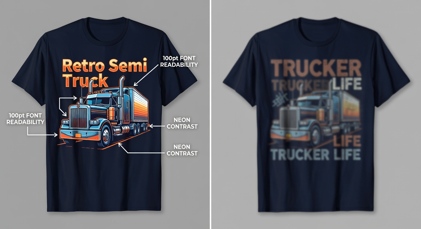 Side-by-side comparison of high-quality vs low-quality truck driver designs: left shows crisp 'Retro Semi Truck' tee thumbnail with labeled callouts for 100pt font readability, 25% spacing, and neon contrast; right shows blurry 'Trucker Life' with crowded text, faded colors, and poor balance