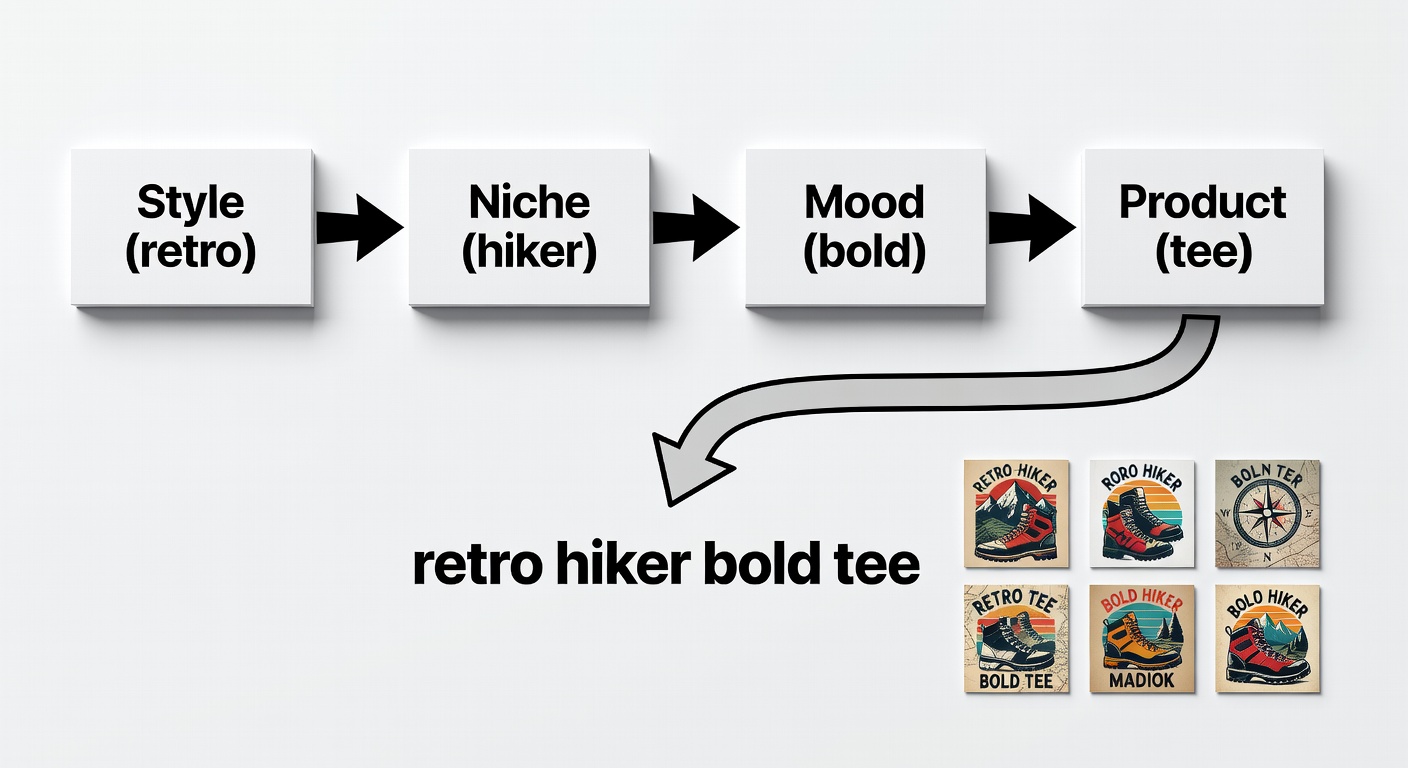 Visual breakdown of a search formula diagram with four boxes labeled 'Style (retro)', 'Niche (hiker)', 'Mood (bold)', 'Product (tee)' connected by arrows, showing example 'retro hiker bold tee' yielding thumbnail previews of 6 diverse designs on a clean white background