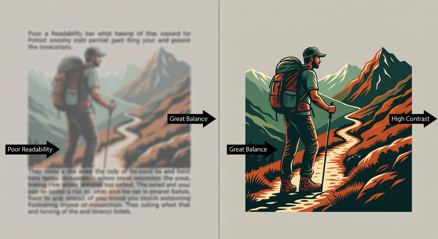 Side-by-side comparison of two hiker tee mockups at thumbnail size (100x100px); left low-quality with blurry trails, cramped text, low contrast; right high-quality with sharp lines, balanced spacing, bold earth-tone contrast; labeled arrows pointing to 'Poor Readability', 'Great Balance', 'High Contrast'