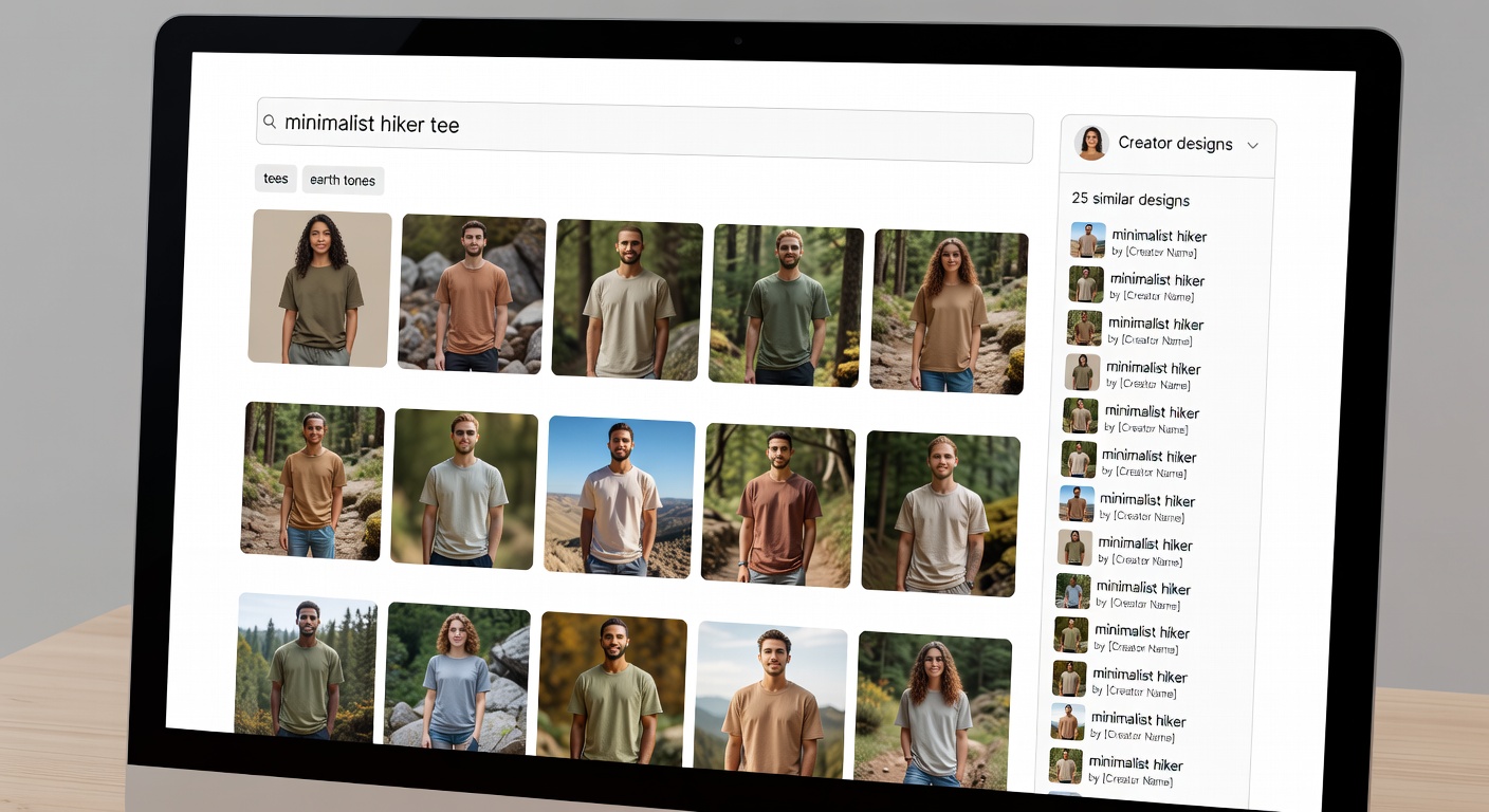 Mockup of shop interface screenshot showing search bar with 'minimalist hiker tee', applied filters for 'tees' and 'earth tones', results grid with 12 thumbnails, creator profile open on right with 25 similar designs listed