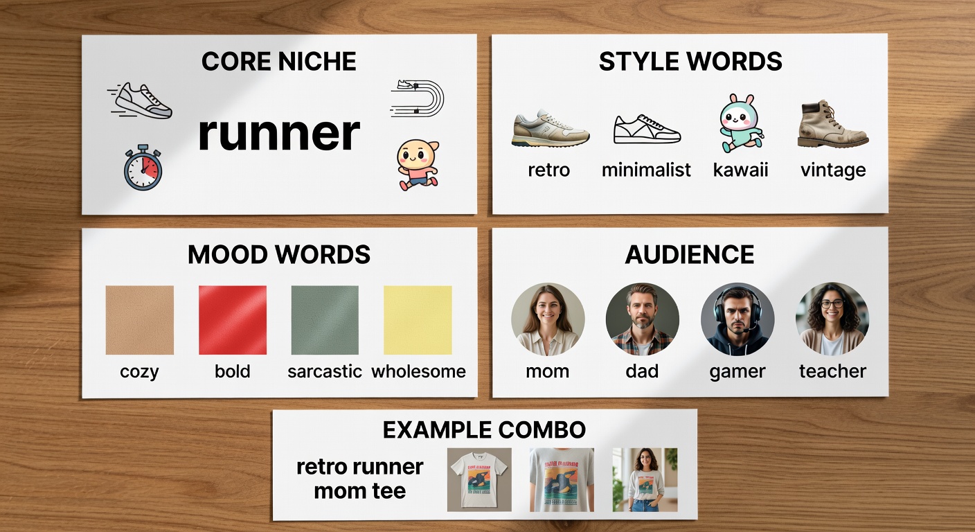 Visual breakdown of search formula components showing four quadrants - 'runner' as core niche, style words like retro/minimalist/kawaii/vintage with icons, mood words like cozy/bold/sarcastic/wholesome with color swatches, audience like mom/dad/gamer/teacher with avatars, and example combo 'retro runner mom tee' yielding thumbnail previews