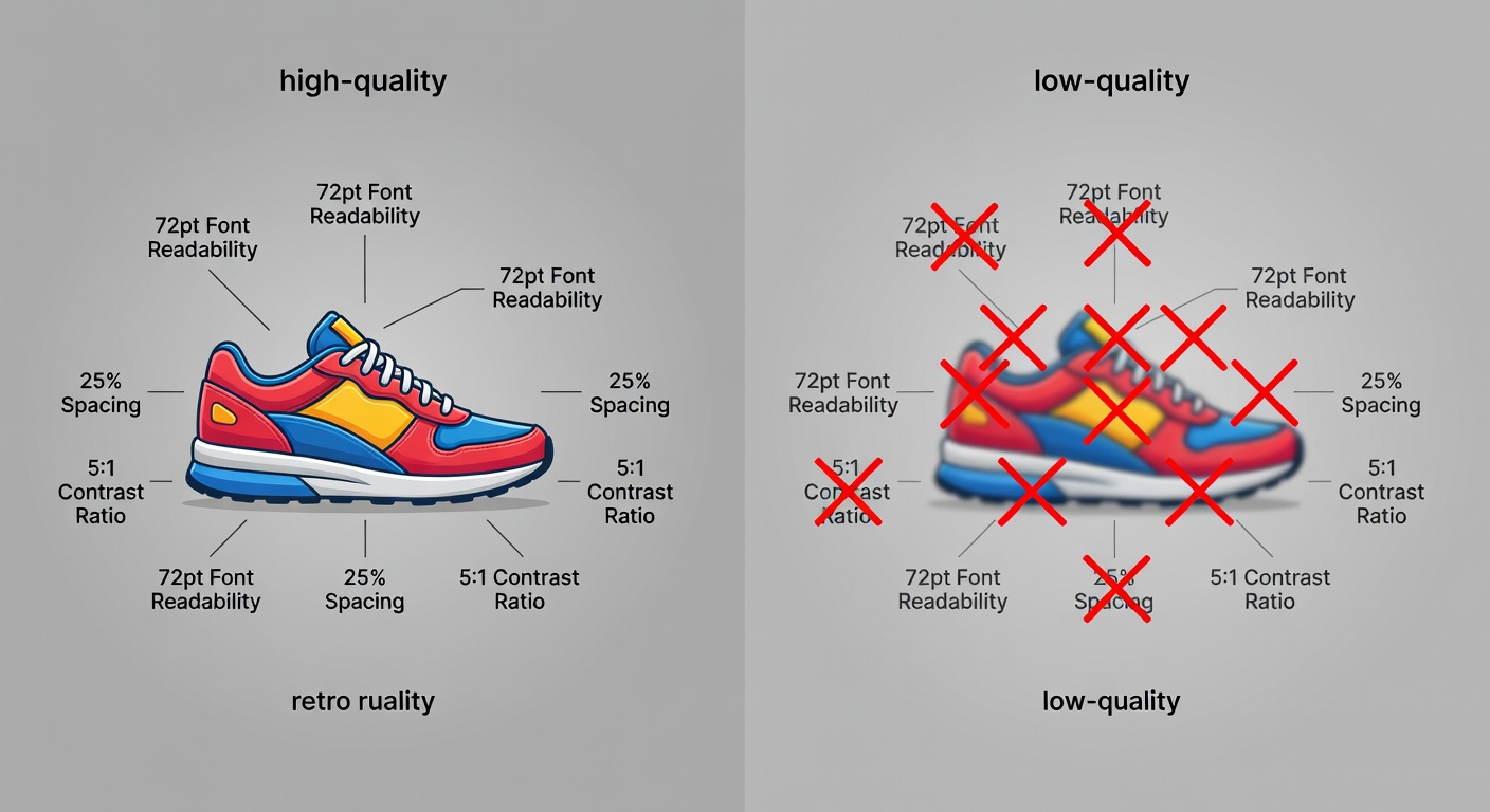 Side-by-side comparison of high-quality vs low-quality runner design thumbnails - left: crisp 'retro runner' with labeled callouts for 72pt font readability, 25% spacing, 5:1 contrast; right: blurry crowded version with red X's on issues; both at 200x200px scale
