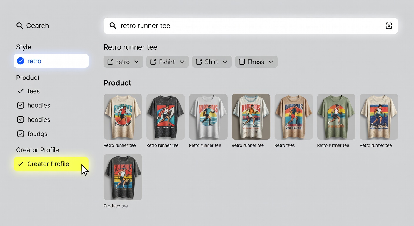 Screenshot-style mockup of marketplace browsing interface - top search bar with 'retro runner tee' results, sidebar filters for style (retro selected), product (tees/hoodies), and creator profile link highlighted with 8 similar designs shown