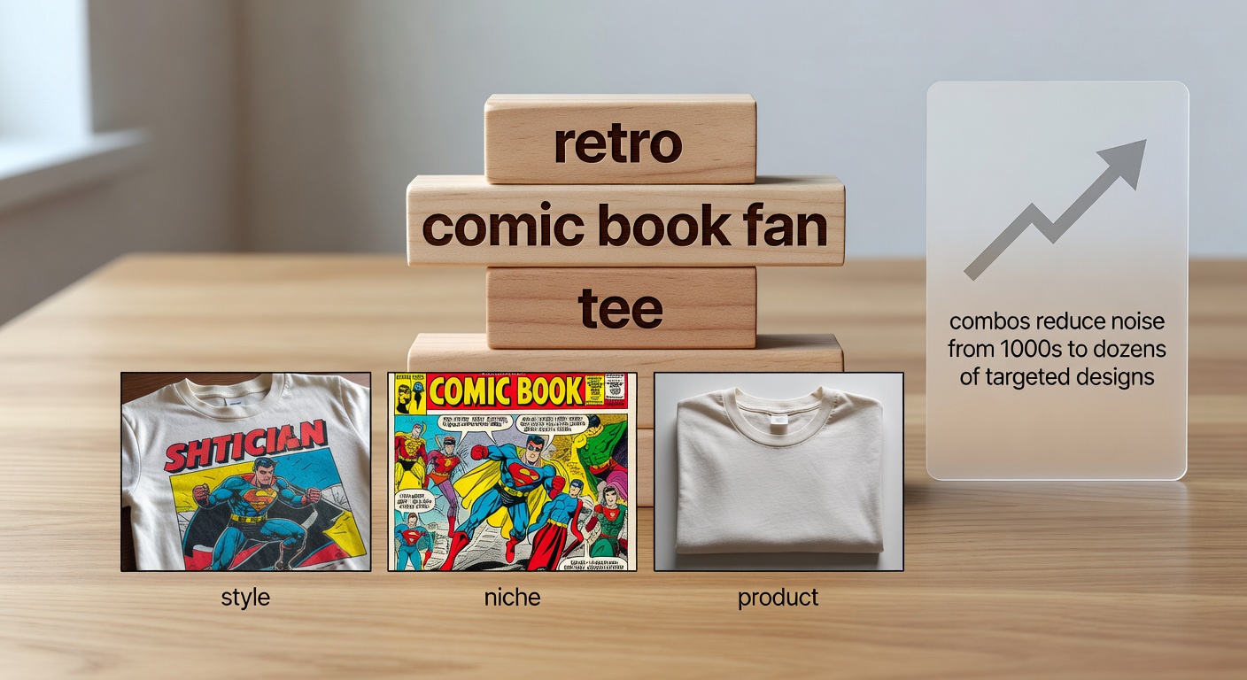 Visual breakdown of search formula components showing 'retro + comic book fan + tee' stacked as building blocks with example results thumbnails below, including labels for style, niche, product, and how combos reduce noise from 1000s to dozens of targeted designs (25 words)
