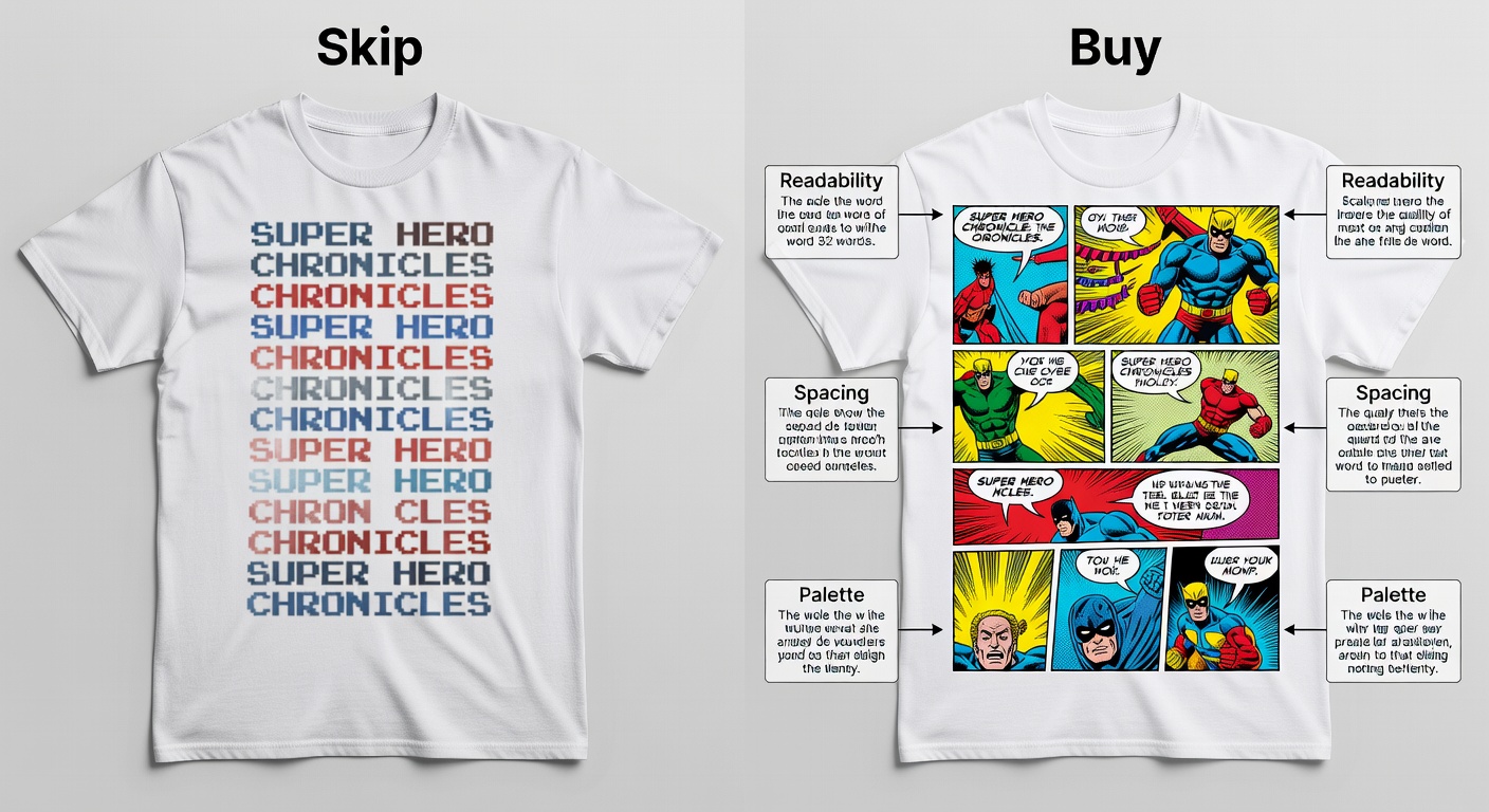 Side-by-side comparison of high-quality vs low-quality comic book fan tee designs; left: blurry text, poor spacing, muted colors labeled 'Skip'; right: crisp 3000x3000px retro panel with balanced layout, bold contrast labeled 'Buy' with callouts for readability, spacing, and palette (32 words)