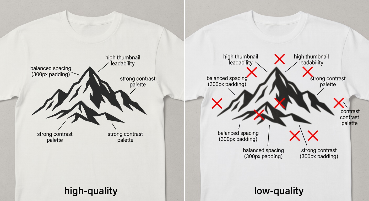 Side-by-side comparison of high-quality vs low-quality mountain lover tee designs; left shows crisp minimalist peaks with labeled callouts for 'high thumbnail readability,' 'balanced spacing (300px padding),' 'strong contrast palette'; right shows blurry crowded version with red X marks on flaws