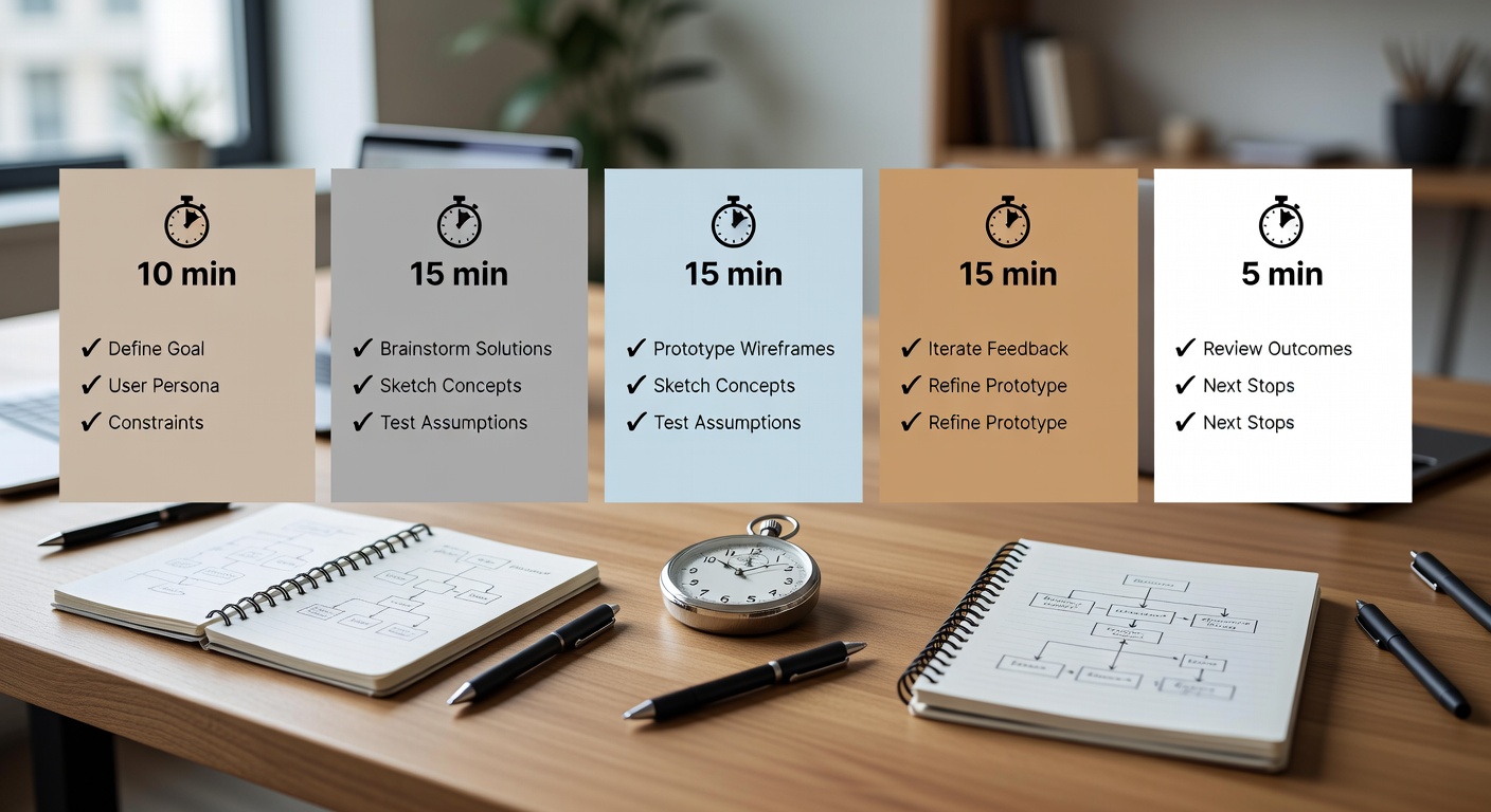 Visual diagram of 60-minute POD design sprint breakdown with timer icons and checklists