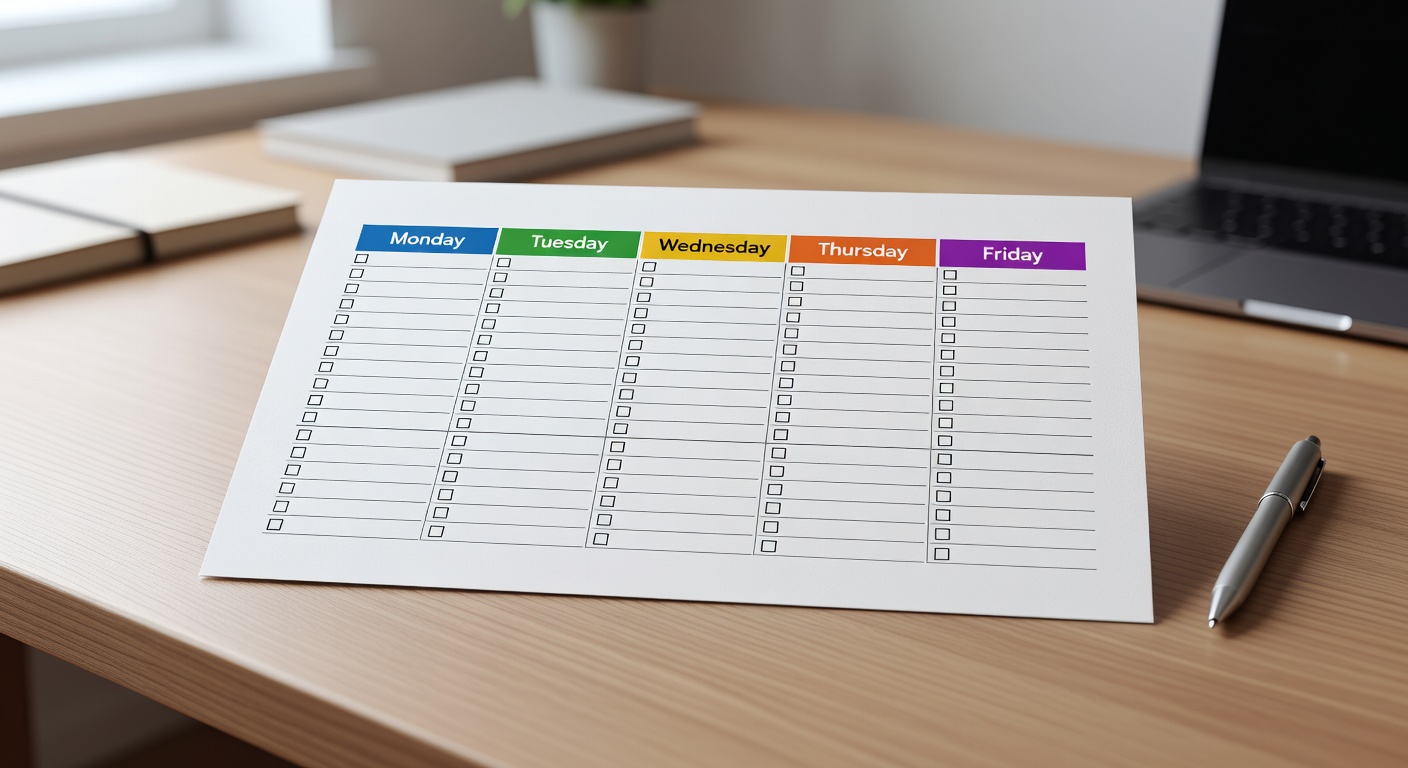 Weekly batching calendar template with color-coded days and task checklists