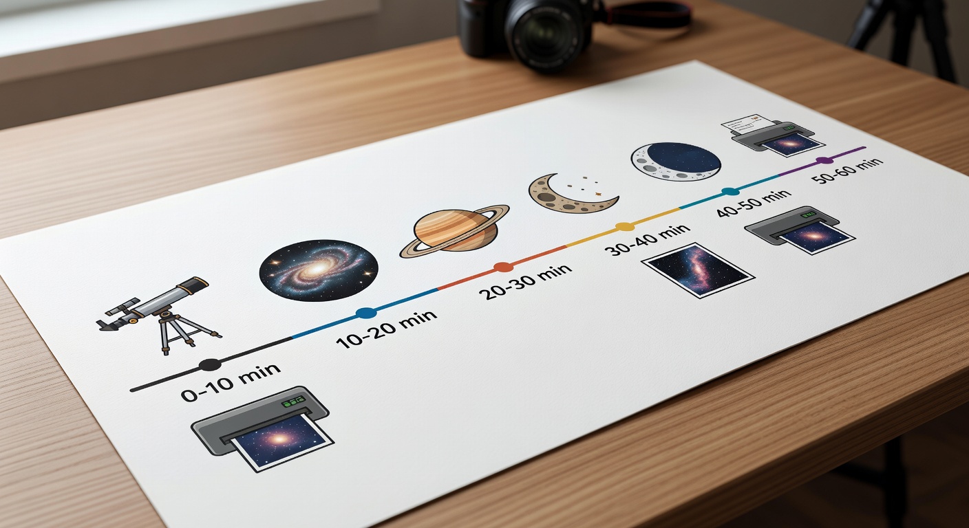 Professional diagram of a 60-minute POD design sprint timeline for astronomy enthusiast graphics
