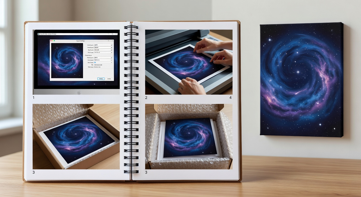 Step-by-step visual checklist for POD export settings with astronomy design example
