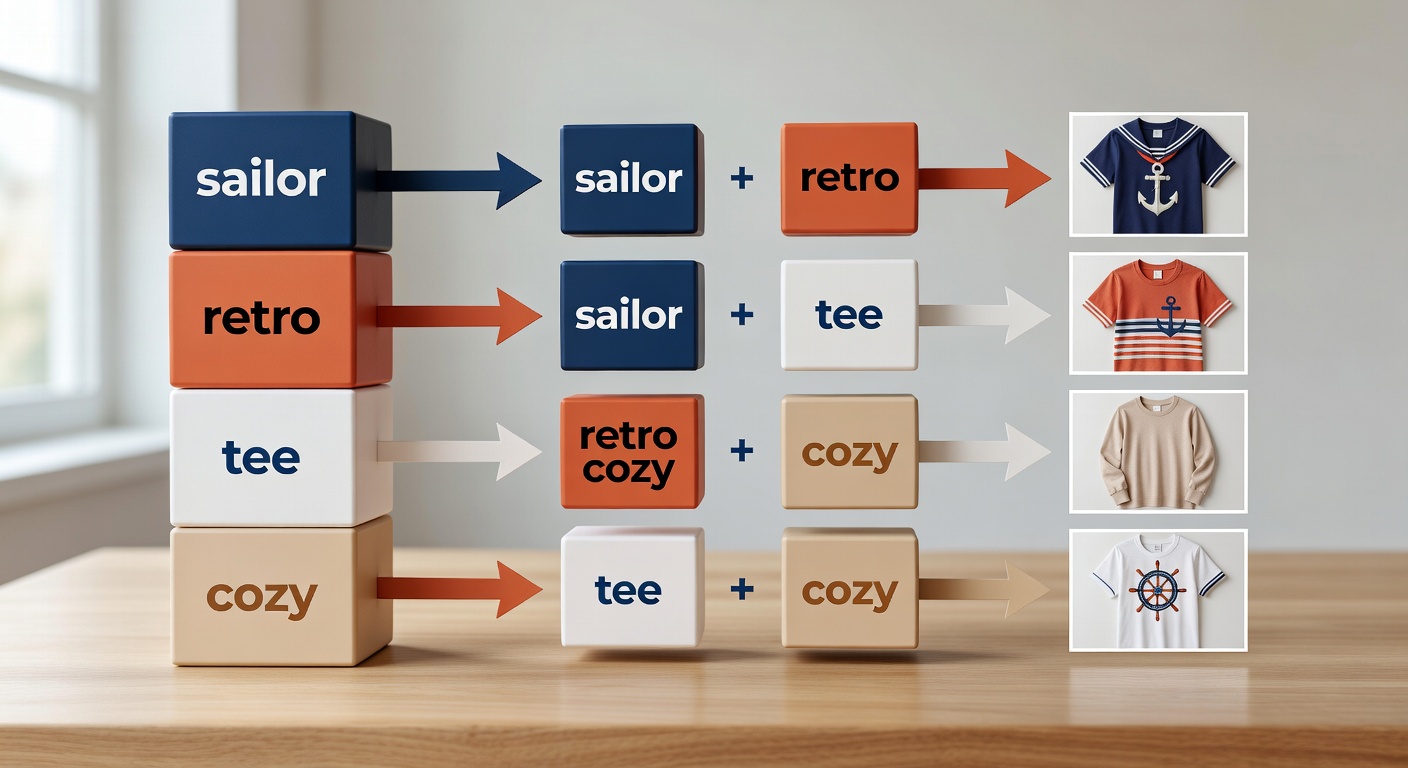Visual breakdown of a sailor search formula showing components like 'sailor' (core niche) + 'retro' (style) + '<a href=
