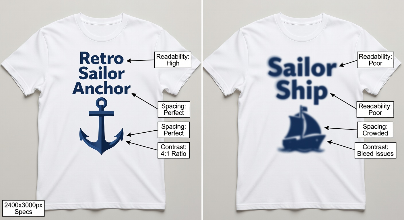 Side-by-side comparison of high-quality vs low-quality sailor tee design: Left shows crisp 'Retro Sailor Anchor' with perfect spacing, 4:1 contrast ratio, balanced elements; right shows blurry, crowded 'Sailor Ship' with poor readability and color bleed; labeled callouts for readability, spacing, contrast, and 2400x3000px specs