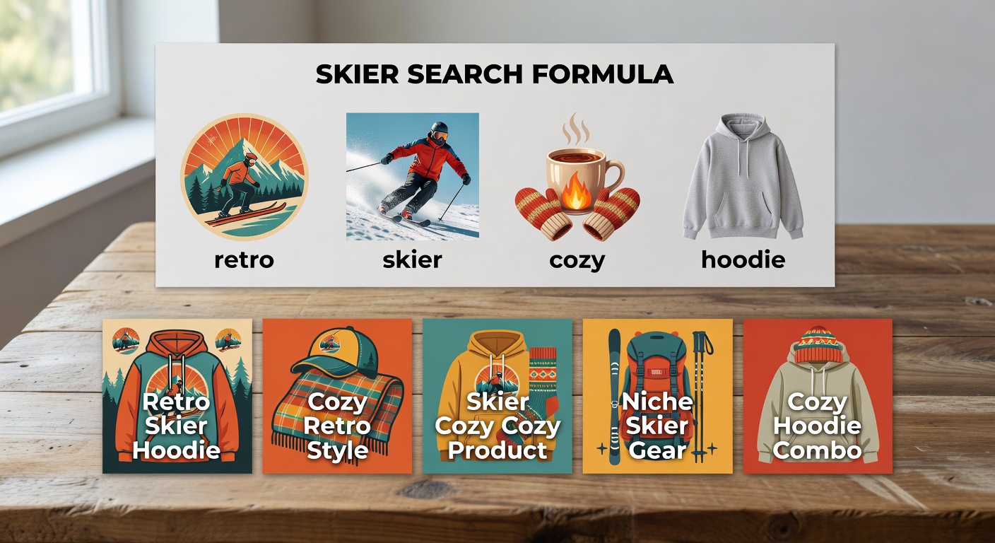 Visual breakdown of a skier search formula showing components like 'retro' (style), 'skier' (niche), 'cozy' (mood), 'hoodie' (product) with 6 example combinations displayed as colorful icons and text overlays for easy scanning