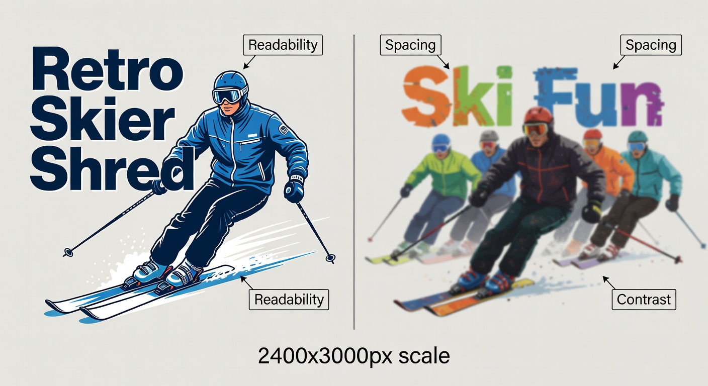 Side-by-side comparison of high-quality vs low-quality skier designs: left shows crisp 'Retro Skier Shred' with perfect spacing, high contrast blues/whites, balanced composition; right shows blurry crowded 'Ski Fun' with poor edges and clashing colors; labeled callouts for readability, spacing, contrast, and 2400x3000px scale