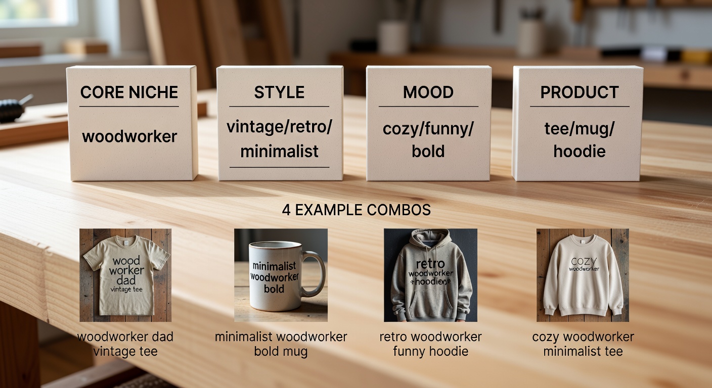 Visual breakdown of niche stack search formula for woodworker designs: diagram with four blocks - core niche 'woodworker', style 'vintage/retro/minimalist', mood 'cozy/funny/bold', product 'tee/mug/hoodie'; includes 4 example combos like 'woodworker dad vintage tee' with thumbnail previews of balanced, high-contrast results (32 words)