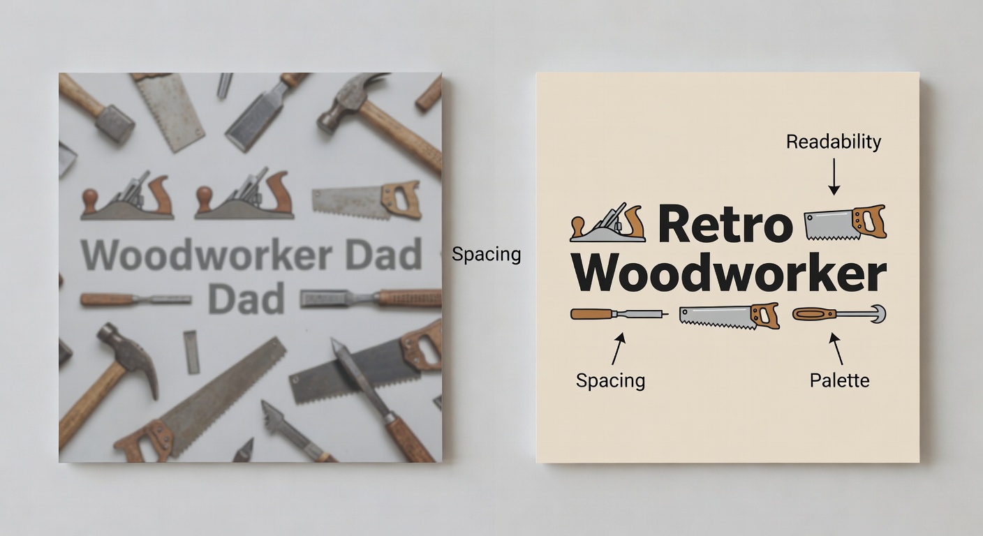 Side-by-side comparison of woodworker design thumbnails at 100x100px: left (low-quality) shows blurry 'Woodworker Dad' text overlapping tools with poor contrast and cramped spacing; right (high-quality) displays sharp 300 DPI 'Retro Woodworker' logo with balanced icons, high black-on-beige contrast, and even margins; labeled callouts for readability, spacing, and palette (38 words)