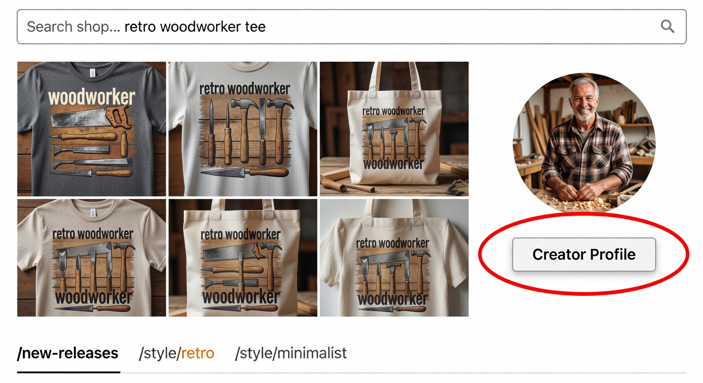 Mockup of print-on-demand shop interface filtered to 'woodworker': top shows search bar with 'retro woodworker tee', middle highlights product grid with thumbnails, creator profile button circled, bottom tabs for /new-releases and style filters like /style/retro and /style/minimalist (36 words)