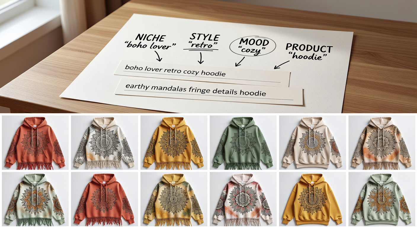 Visual breakdown of a boho lover search formula with labeled components—niche 'boho lover' + style 'retro' + mood 'cozy' + product '<a href=