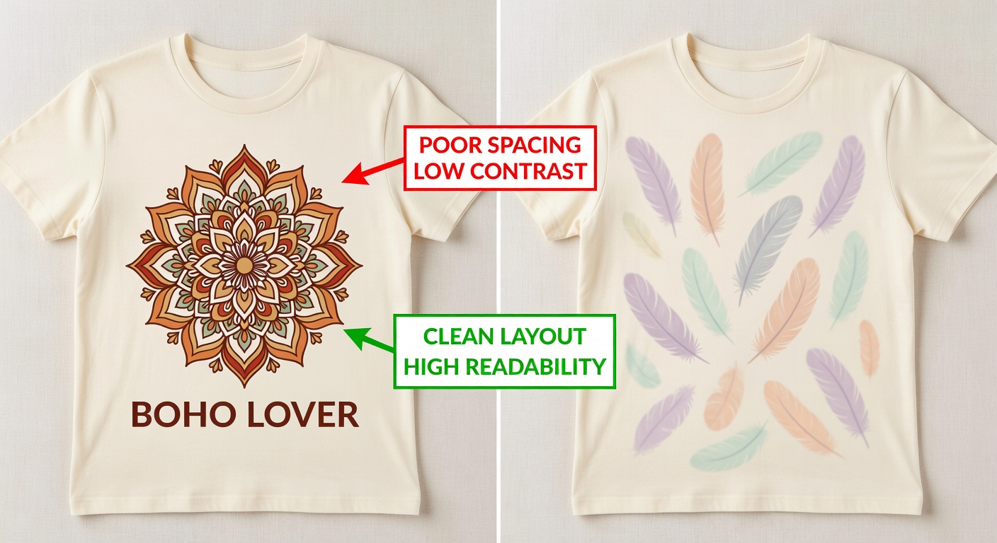 Side-by-side comparison of high-quality vs low-quality boho lover tee designs—left: balanced mandala with clean 72pt text, 5-color earth palette, thumbnail-readable; right: cluttered feathers, low-contrast pastels, blurry edges; with red/green callout labels for spacing, contrast, readability (38 words)