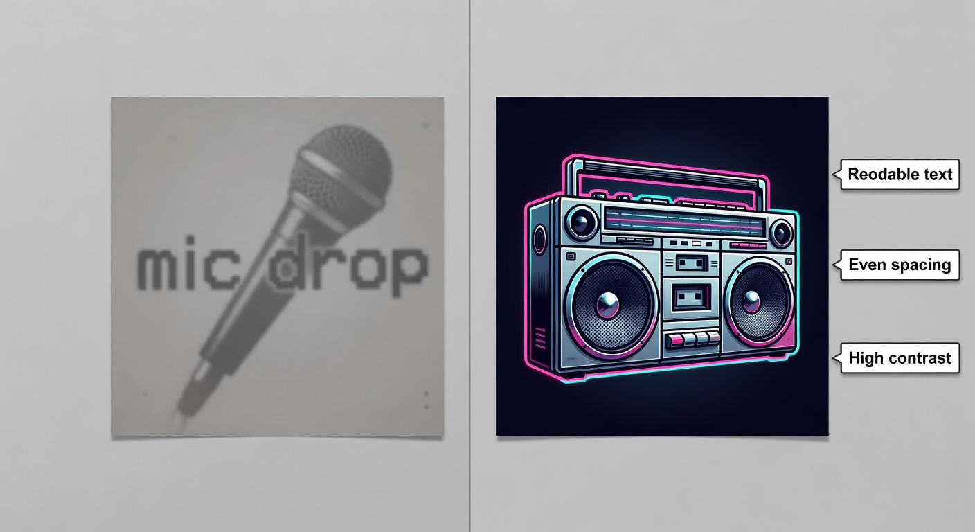 Side-by-side comparison of hip hop fan design thumbnails (200x200px): left low-quality (blurry mic drop text, poor spacing, low contrast grays); right high-quality (sharp retro boombox, balanced layout, bold neon contrasts). Labeled callouts: 