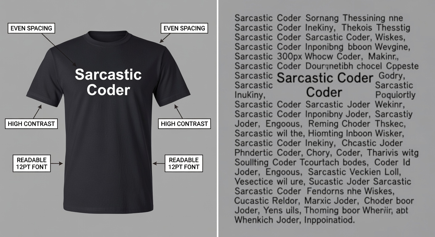 Side-by-side comparison of high-quality vs low-quality programmer design thumbnails: left shows crisp 'Sarcastic Coder' tee with labeled callouts for even spacing, high contrast, readable 12pt font at 300px wide; right shows blurry pixelated version with crowded elements and poor balance (32 words)