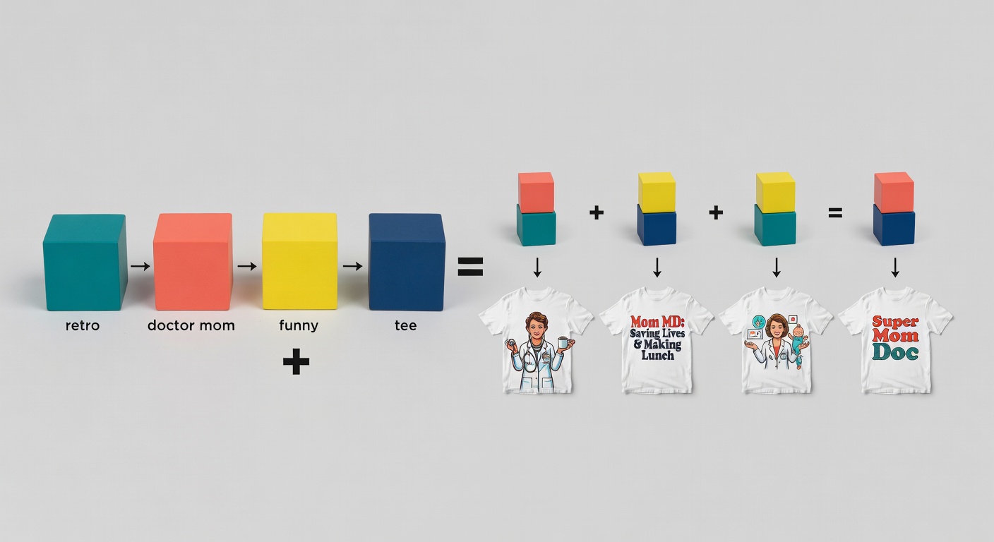 Visual breakdown of a doctor search formula showing components like 'retro' (style) + 'doctor mom' (niche + audience) + 'funny' (mood) + 'tee' (product), with 4 example combinations displayed as colorful stacked blocks leading to thumbnail previews of real designs.