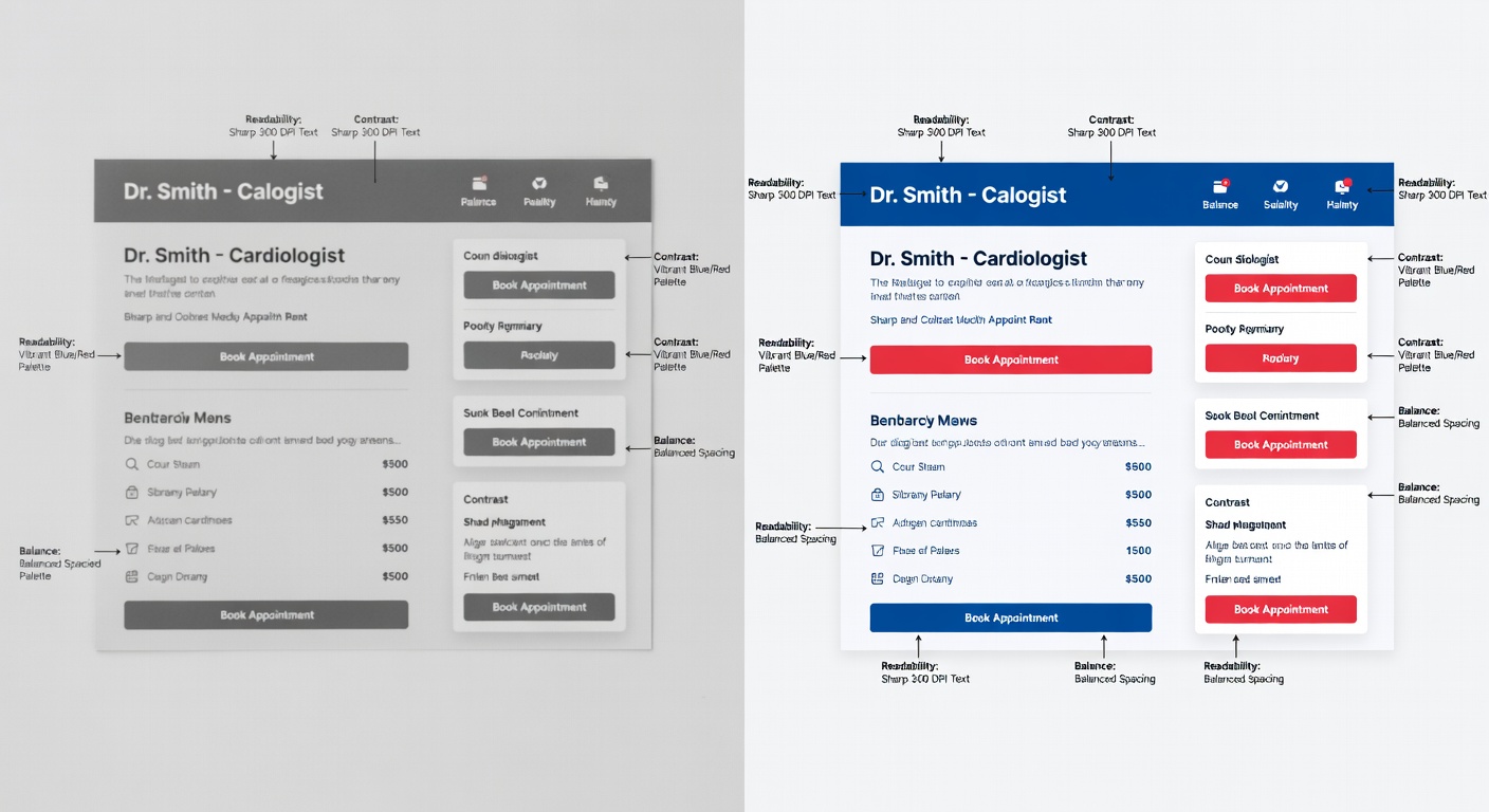 Side-by-side comparison of two doctor design thumbnails: left low-quality (blurry text, crowded elements, poor contrast in grayscale); right high-quality (sharp 300 DPI text, balanced spacing, vibrant blue/red palette with labeled callouts for readability, contrast, and balance).
