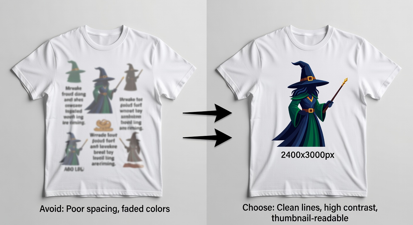 Side-by-side comparison of two potter tee mockups: left low-quality (crowded elements, low contrast, blurry text labeled 'Avoid: Poor spacing, faded colors'); right high-quality (balanced wizard silhouette, sharp 2400x3000px text, vibrant palette labeled 'Choose: Clean lines, high contrast, thumbnail-readable') with arrows pointing to key differences