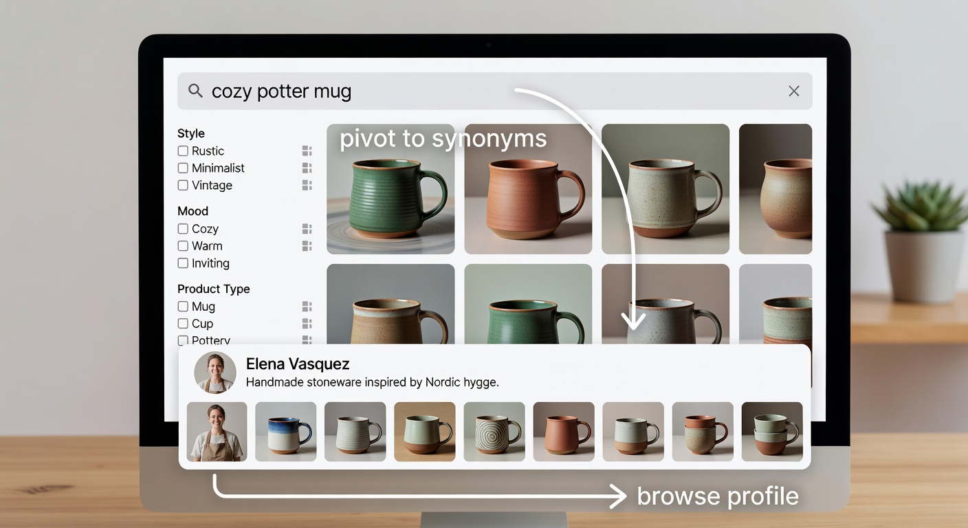 Screenshot-style mockup of marketplace interface on desktop: top search bar with 'cozy potter mug' query showing filtered results, sidebar filters for style/mood/product, bottom creator profile expansion with 8 thumbnail designs, arrows illustrating 'pivot to synonyms' and 'browse profile' workflow