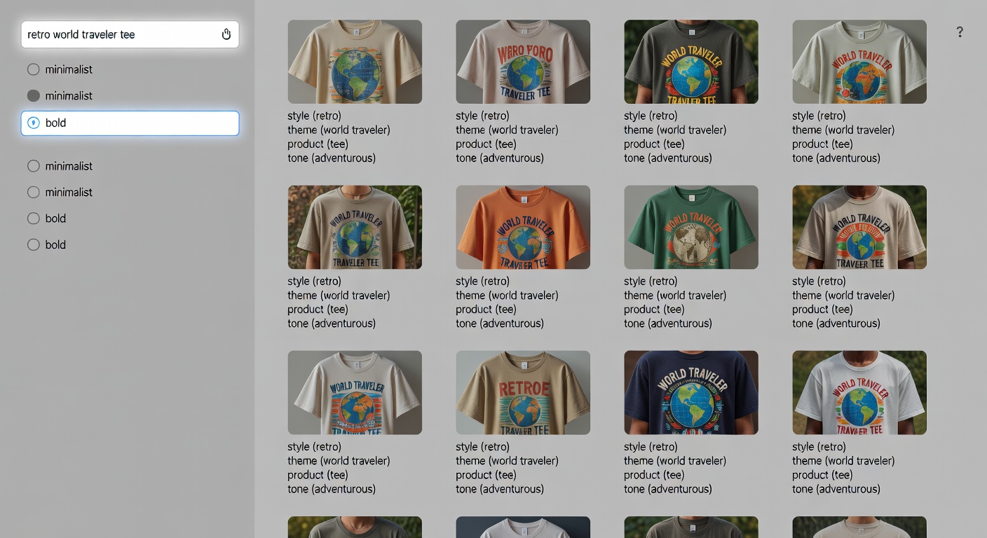 Visual breakdown of a search formula workflow on a marketplace interface - showing input field with 'retro world traveler tee', filter sidebar with style options like minimalist and bold, and results grid with 12 thumbnail previews labeled by niche stack components: style (retro), theme (world traveler), product (tee), tone (adventurous)
