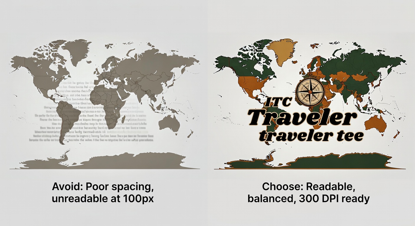 Side-by-side comparison of two traveler tee thumbnails - left: low-quality with blurry map, cramped text, low contrast (labeled 'Avoid: Poor spacing, unreadable at 100px'); right: high-quality retro world traveler design at 2400x3000px with balanced compass rose, sharp 70s font, high contrast earth tones (labeled 'Choose: Readable, balanced, 300 DPI ready')