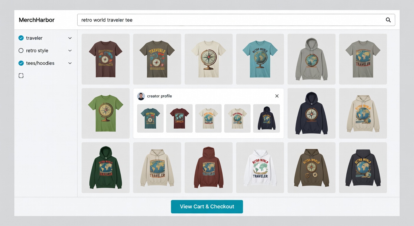 Screenshot-style mockup of MerchHarbor shop interface - top search bar with 'retro world traveler tee', left sidebar filters expanded (traveler category, retro style, tees/hoodies), center grid of 12 results with one expanded creator profile showing 5 similar designs, bottom cart CTA button