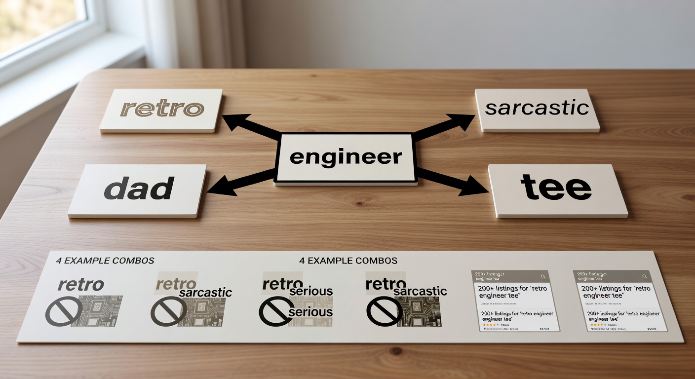 Visual breakdown of a search formula components diagram showing 'engineer' as core niche, stacked with 'retro' style, 'sarcastic' mood, 'dad' audience, and 'tee' product—includes 4 example combos with result previews like 200+ listings for 'retro engineer tee'