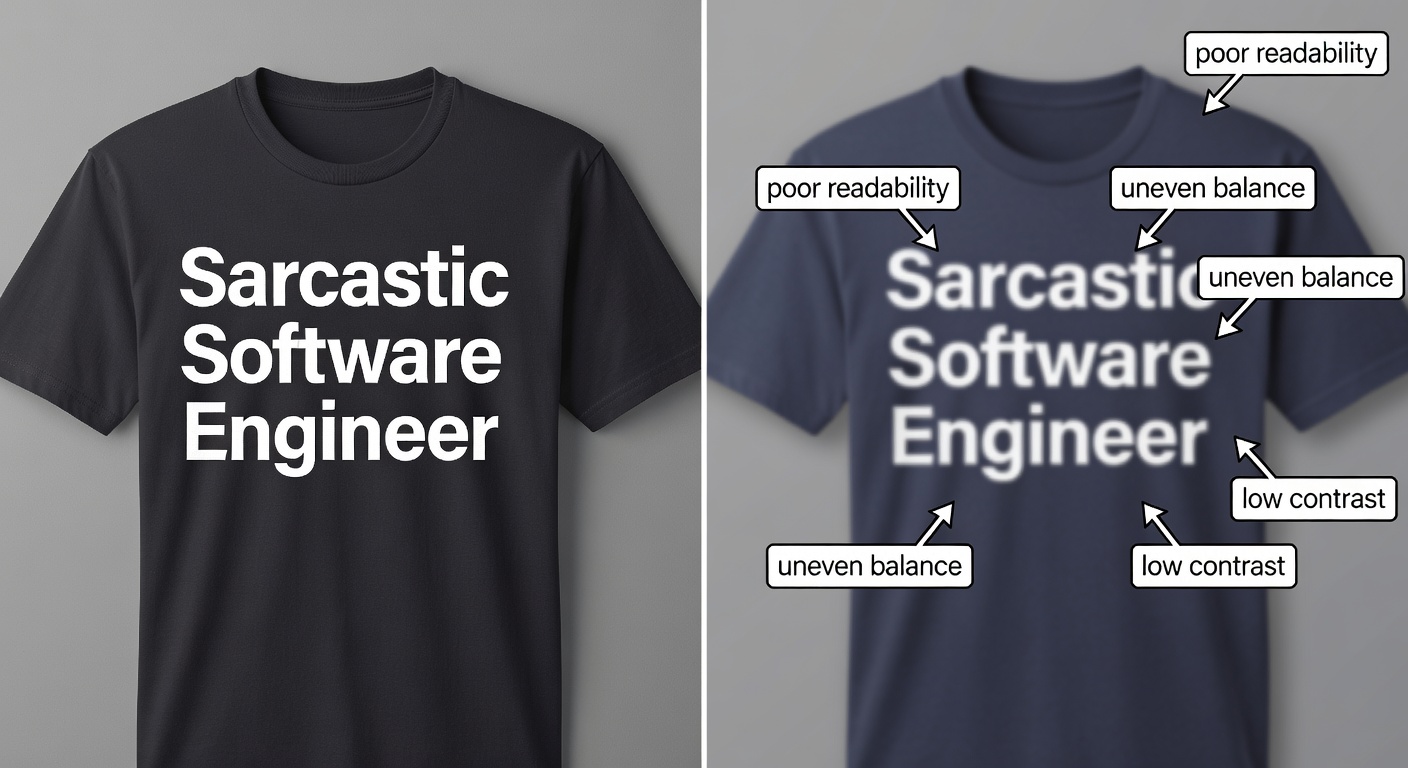 Side-by-side comparison of high-quality vs low-quality engineer design thumbnails—left: crisp 'Sarcastic Software Engineer' tee with perfect spacing, bold contrast, readable text; right: blurry crowded version with callouts labeling issues like 'poor readability,' 'uneven balance,' 'low contrast'