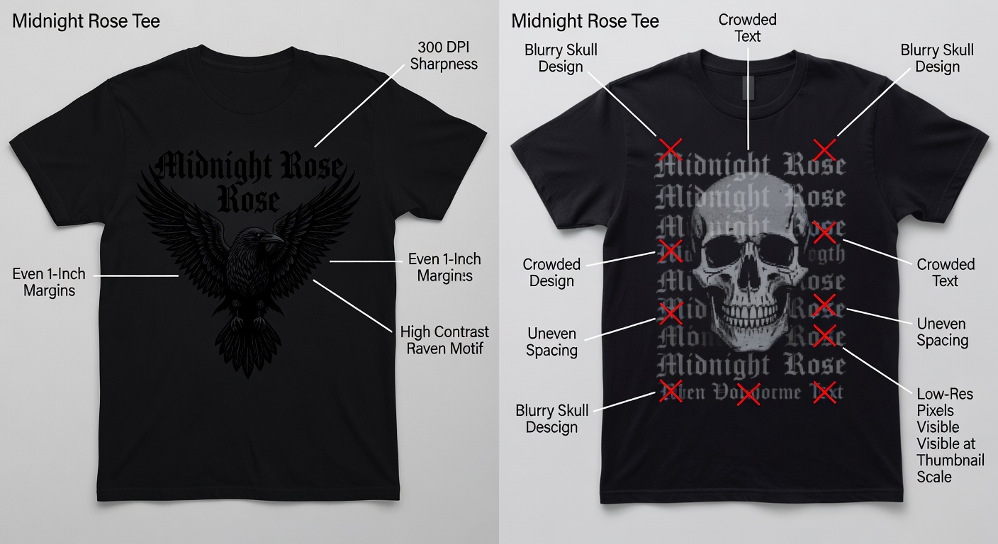 Side-by-side comparison of high-quality vs low-quality gothic enthusiast tee designs; left: 'Midnight Rose Tee' with labeled callouts for 300 DPI sharpness, even 1-inch margins, high contrast raven motif; right: blurry skull design with red X's on crowded text, uneven spacing, low-res pixels visible at thumbnail scale