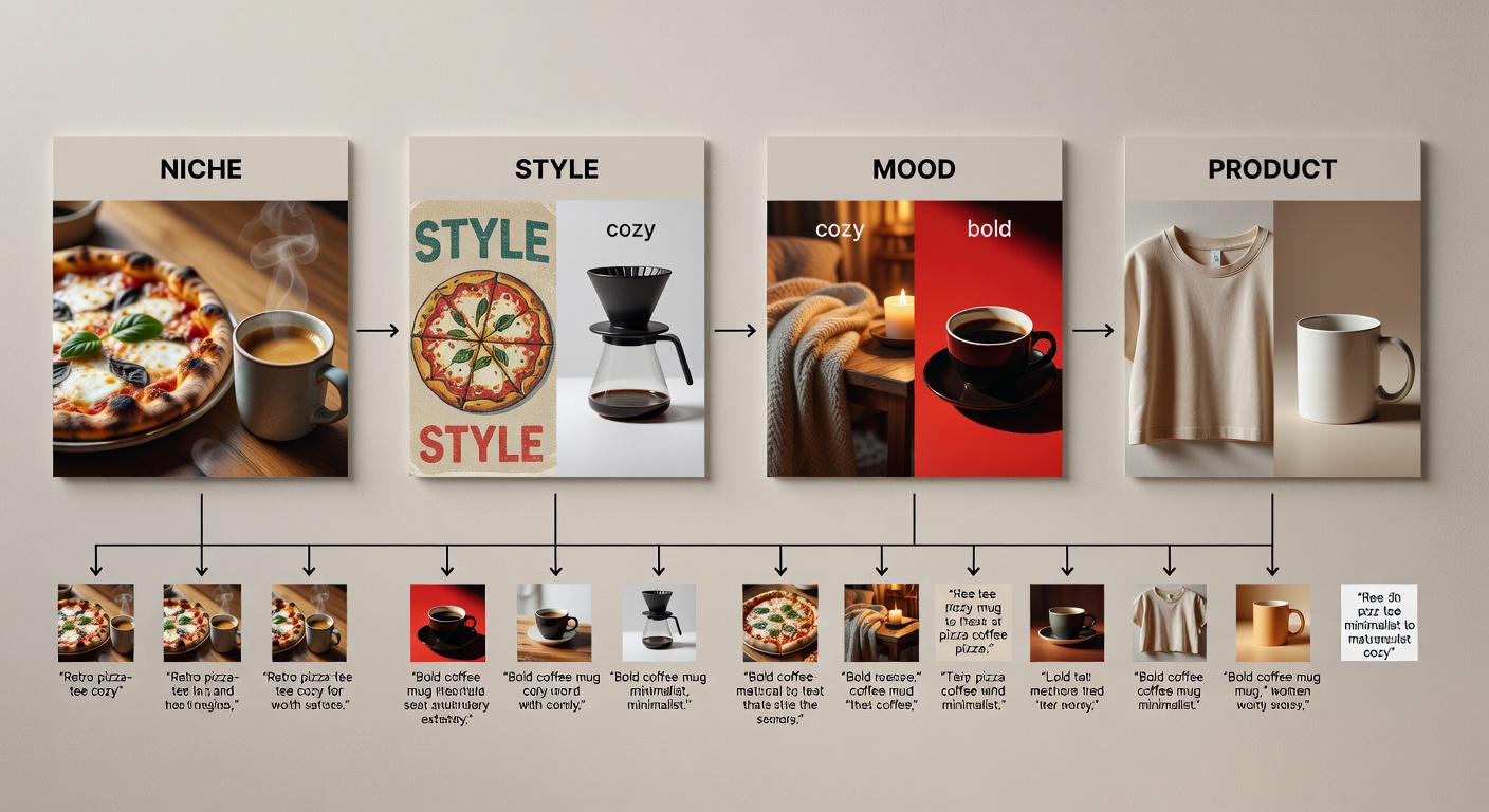 Visual breakdown of a search formula for foodie designs, showing four components—niche (pizza, coffee), style (retro, minimalist), mood (cozy, bold), product (<a href=