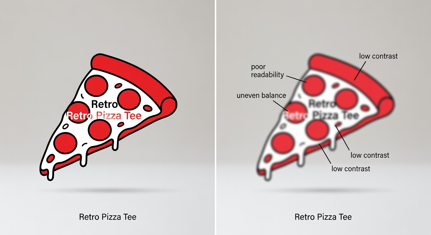 Side-by-side comparison of high-quality vs low-quality foodie designs: left shows 'retro pizza tee' with perfect spacing, high contrast red/white palette, readable thumbnail; right shows blurry, crowded version with callout labels for issues like 'poor readability', 'uneven balance', 'low contrast' (30 words)