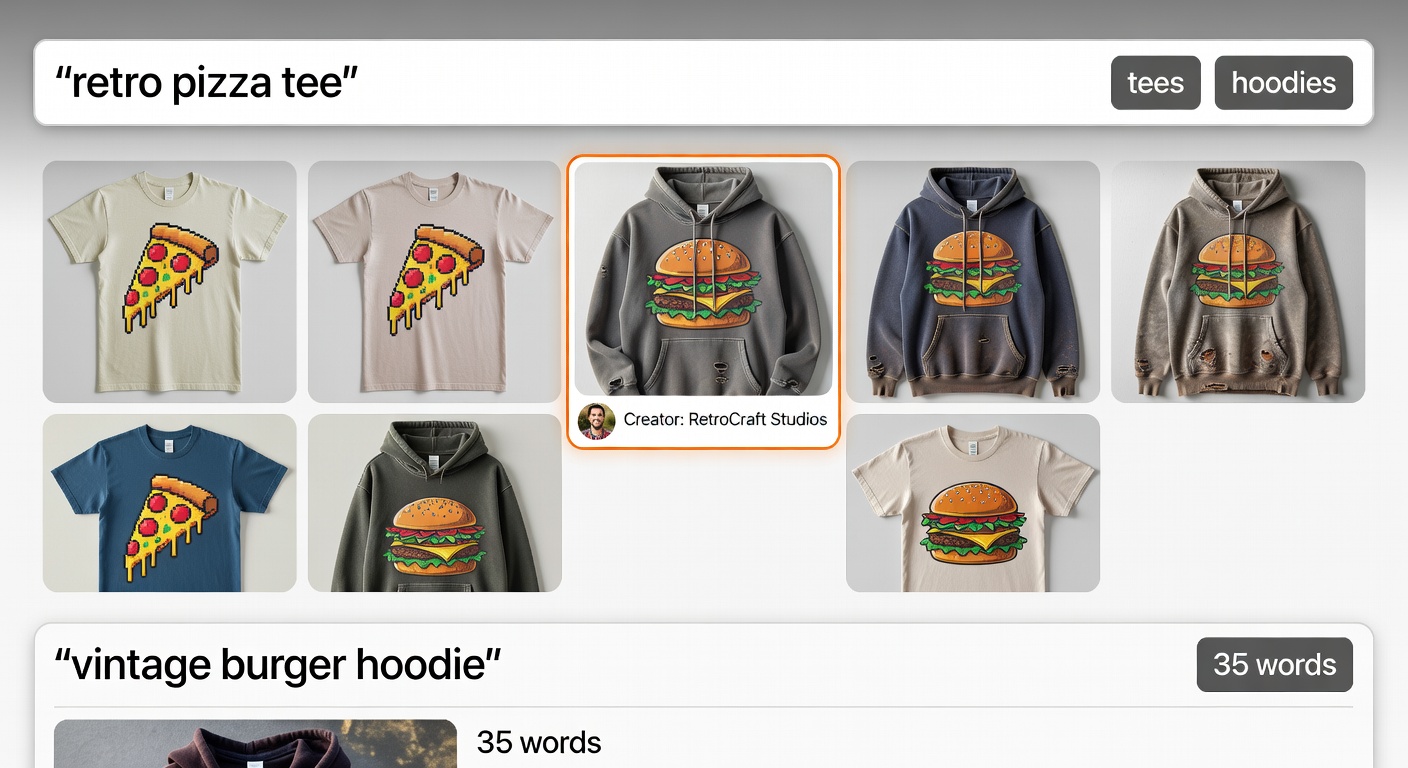 Screenshot-style mockup of marketplace browsing interface: top shows search bar with 'retro pizza tee', filters applied (tees, hoodies), middle displays 6 product thumbnails with creator profile highlighted, bottom shows pivot search 'vintage burger hoodie' results (35 words)