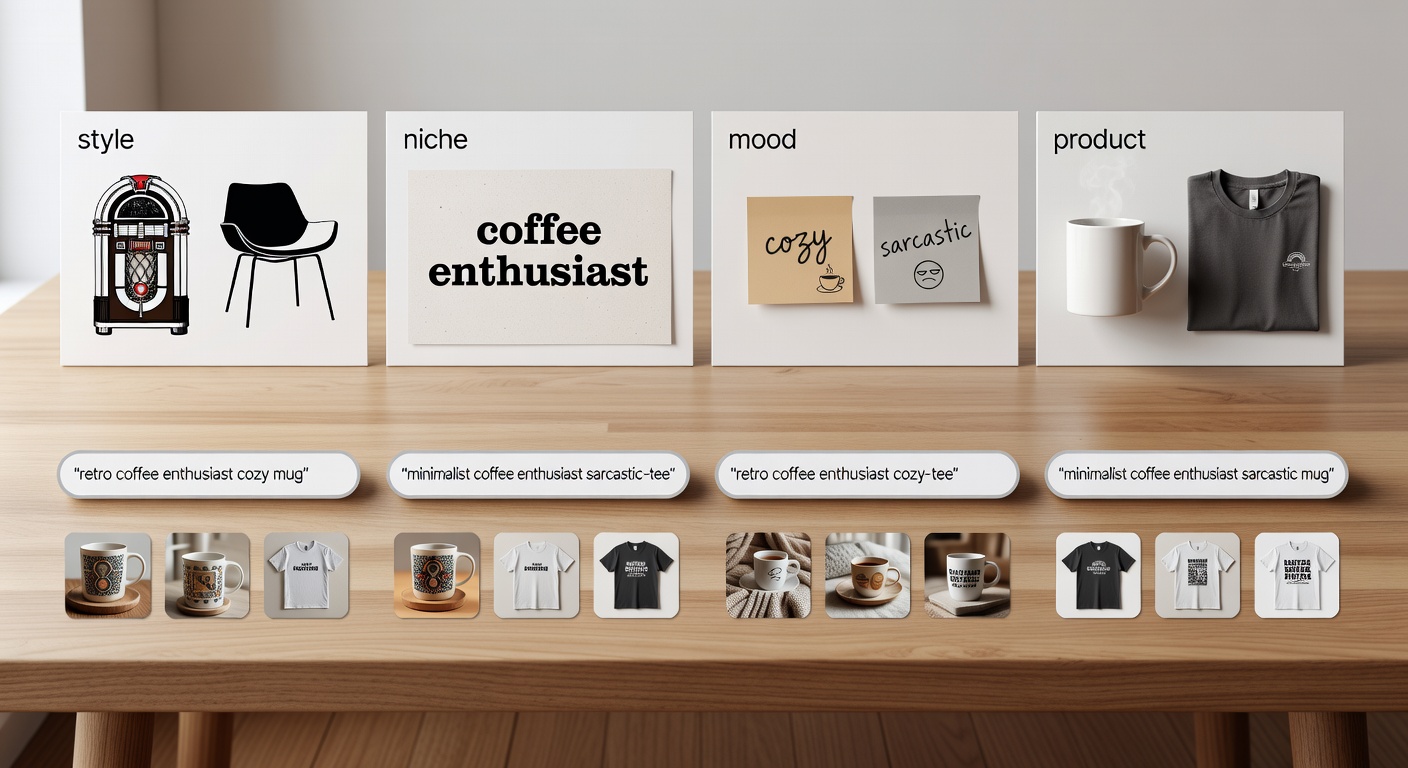Visual breakdown of search formula components showing four blocks: style (retro, minimalist icons), niche (coffee enthusiast text), mood (cozy, sarcastic labels), product (mug, tee examples); below, four combined search bars like 'retro coffee enthusiast cozy mug' with result thumbnails.