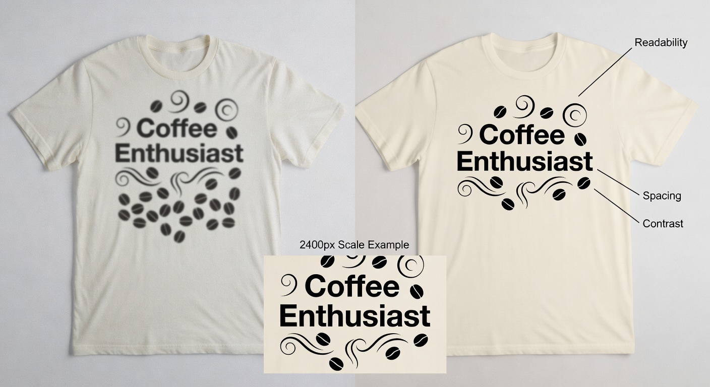 Side-by-side comparison of coffee enthusiast tees: left low-quality (blurry 'Coffee Enthusiast' text, cramped beans, low contrast); right high-quality (sharp bold typography, balanced steam swirls, high contrast black-on-cream); labeled callouts for readability, spacing, contrast, and 2400px scale example.