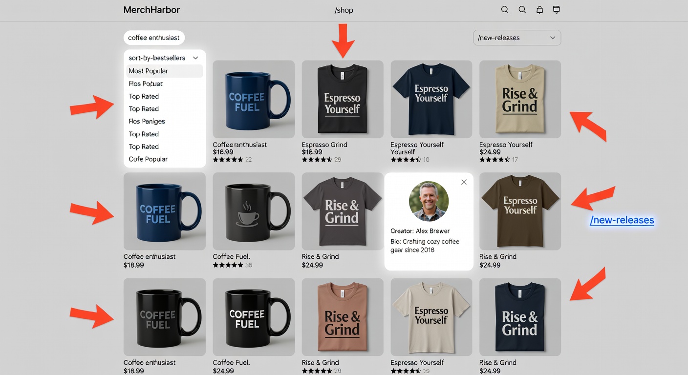 Screenshot-style mockup of MerchHarbor /shop page filtered 'coffee enthusiast', showing 12-result grid with mugs/tees, creator profile popover, sort-by-bestsellers dropdown, and /new-releases link highlighted in workflow arrows.
