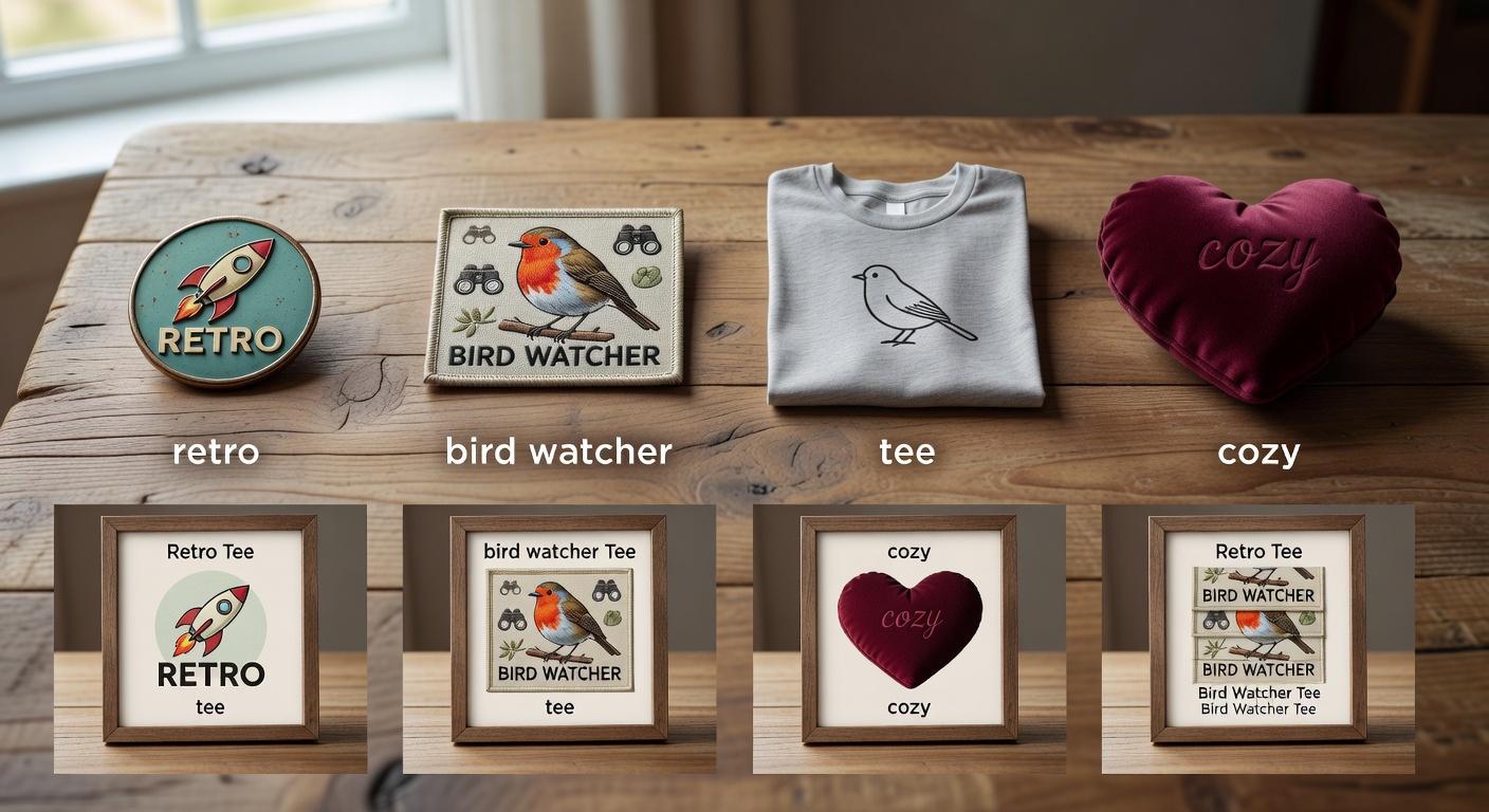 Visual breakdown of a niche stack search formula showing components—'retro' (style icon), 'bird watcher' (niche badge), 'tee' (product thumbnail), 'cozy' (mood heart)—with 4 example combinations yielding side-by-side design previews (28 words)